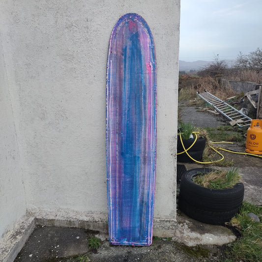 Deck of a Booglerize surfboards purple and blue finless board shaped by Elvis Beetham